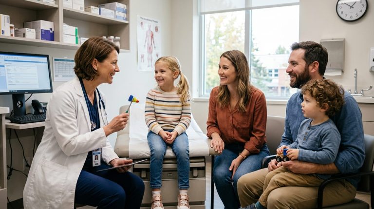 Médica realizando atendimento pediátrico para uma família com duas crianças em consultório, representando a inclusão de dependentes no plano de saúde empresarial.